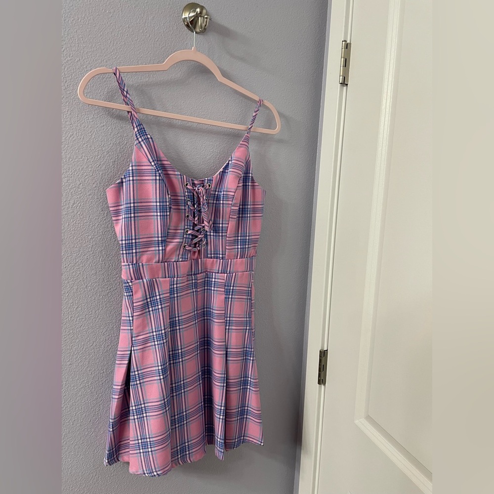 Hot Topic Pink and Blue Plaid Lace-Up Dress